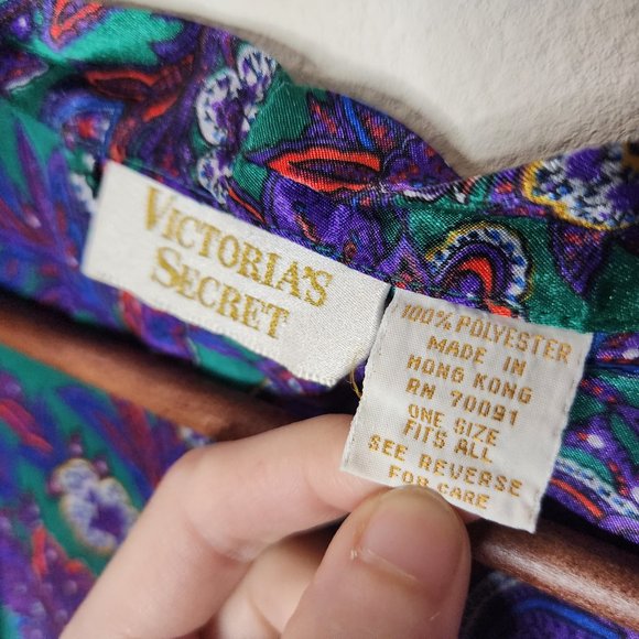 VTG Victoria's Secret OS Satin Purple Blue Floral Kimono Robe 3/4 Sleeve - Picture 3 of 5